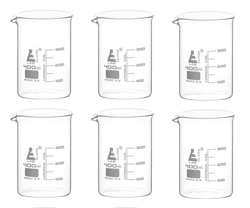 6PK Beakers, 400ml - Low Form - 50ml Graduations - Borosilicate Glass