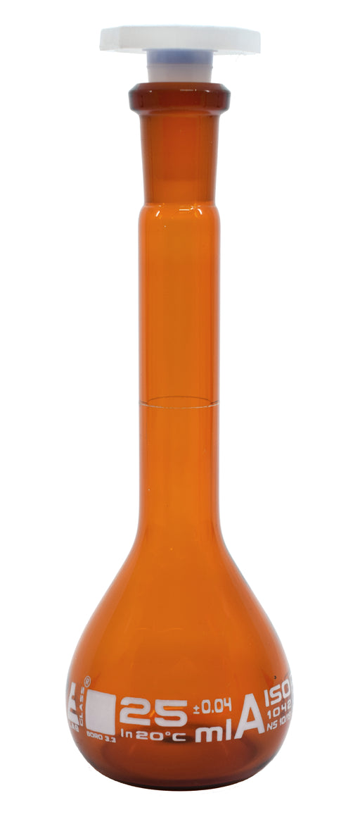 Volumetric Flask, 25ml - Class A - 10/19 Polypropylene Stopper, Borosilicate Glass, Amber - White Graduation Mark, Tolerance ±0.040 ml - Eisco Labs