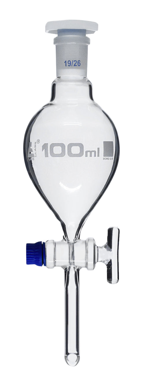 Separating Funnel, 100ml - Pear Shaped - 19/26 Plastic Stopper, Glass Key Stopcock, Stem with Cone - Borosilicate Glass - Eisco Labs