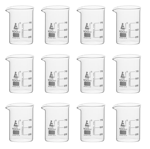 12PK Beakers, 100ml - Low Form - 25ml Graduations - Borosilicate Glass