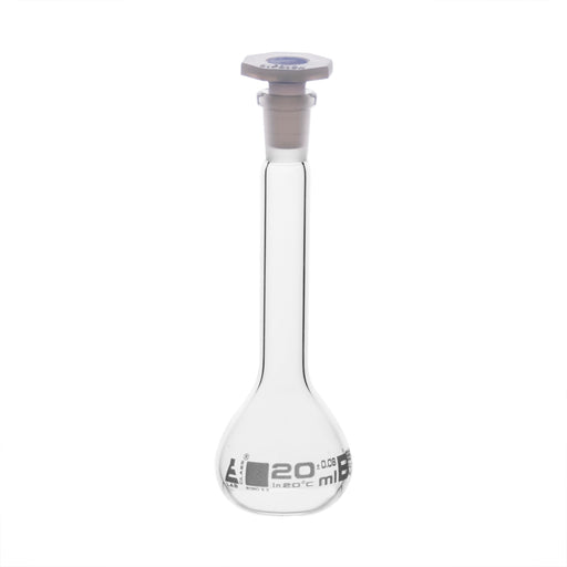 Volumetric Flask, 20ml - Class B - 10/19 Polyethylene Stopper, Borosilicate Glass - White Graduation, Tolerance ±0.080 - Eisco Labs