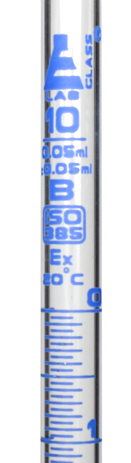 Burette, 10ml - 17.5" Long, 3/8" Diameter, Class B, DIN 385 Compliant, Borosilicate Glass with PTFE Needle Valve Stopcock, 0.05mL Graduations - Eisco Labs
