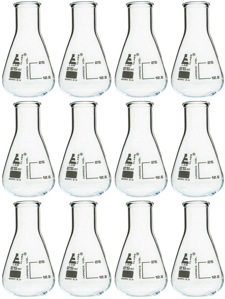 12PK Erlenmeyer Flasks, 25mL - Narrow Neck - Borosilicate Glass