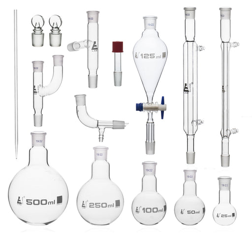 Distillation Kit - Organic Chemistry Set with Size 19/22 Interchangeable Joints - 15 Pieces with Hard Storage Briefcase - Borosilicate Glass - Eisco labs