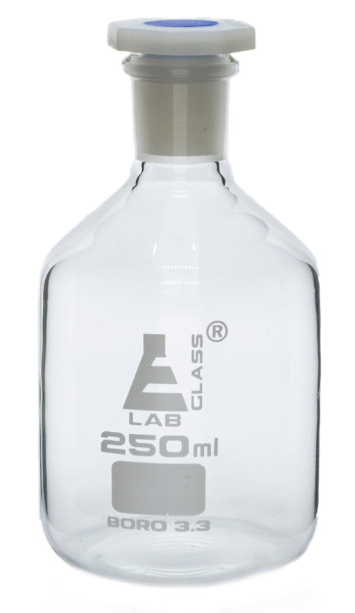 250mL (8.4oz) Glass Reagent Bottle with Acid Proof Polypropylene Stopper, Borosilicate 3.3 Glass - Eisco Labs