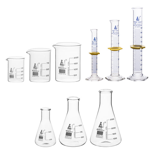 Safety Pack Mixed Glassware Set, 9 Pieces - Includes 3 Beakers, 3 Erlenmeyer Flasks & 3 ASTM, Class A Measuring Cylinders - Borosilicate 3.3 Glass