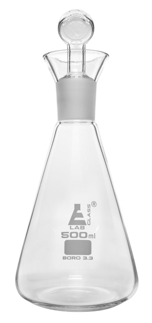 Iodine Flask & Stopper, 500ml - 29/32 Socket Size, Interchangeable Stopper - Conical Shape - Borosilicate Glass - Eisco Labs