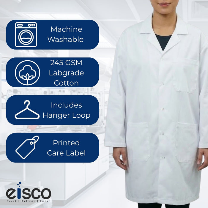 Eisco Adult Medium Professional Grade 100% Cotton Lab Coat – Snap Front Laboratory Coat, 3 Pockets, Machine Washable, White