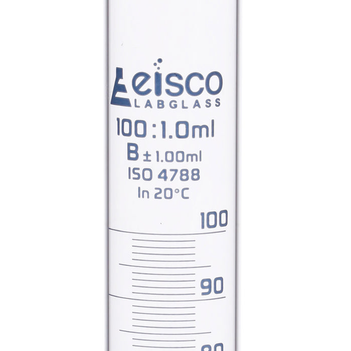Graduated Cylinder, 100mL - Class B - Hexagonal Base - Blue Graduations - Borosilicate Glass