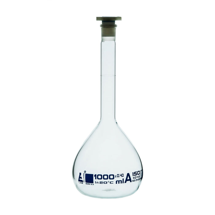 Volumetric Flask, 1000ml - Class A - 24/29 Polyethylene Stopper, Borosilicate Glass - Blue Graduation, Tolerance Â±0.400 - Eisco Labs
