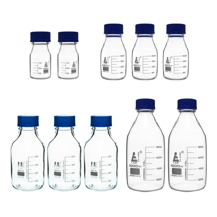 Eisco Labs - 42 Piece Lab Glass Starter Set - Borosilicate Glass Beakers, Reagent Bottles, Graduated Cylinders, Conical Flasks - Autoclavable, Reusable Labware for Science Labs and Educational Use