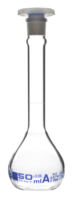Volumetric Flask, 50ml - ASTM, Class A - Tolerance Â±0.05ml - Interchangeable, Size 13 Polypropylene Stopper - Single, White Graduation - Borosilicate Glass - Eisco Labs