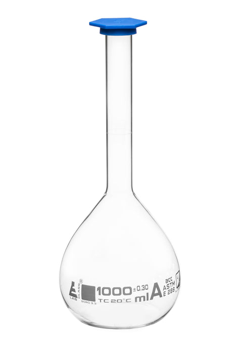 Volumetric Flask, 1000ml - Class A, ASTM - Snap Cap - White Graduation Mark, Tolerance Â±0.300ml - Eisco Labs