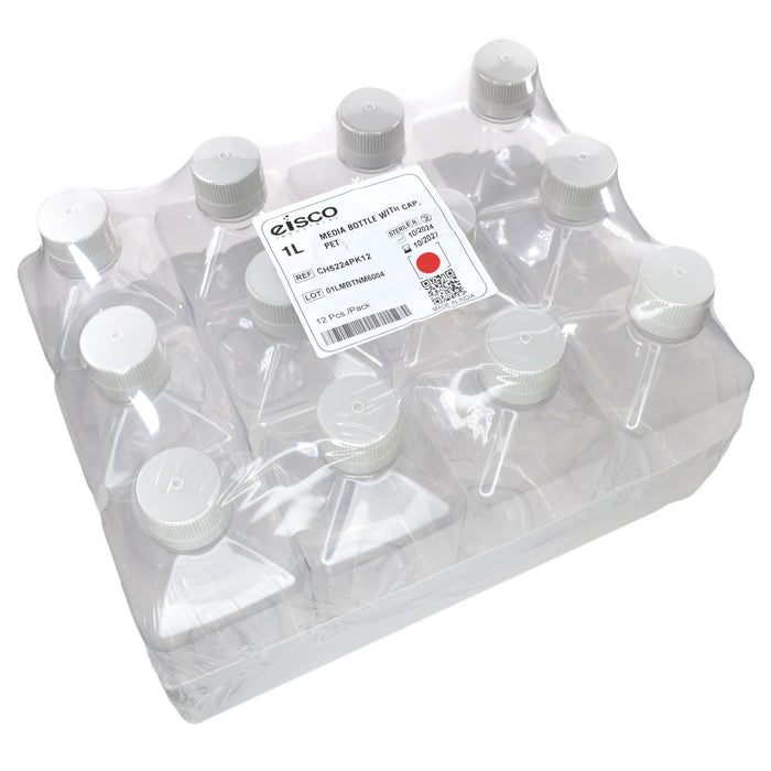 Eisco - Pack of 12, 1L Sterile PET Media Bottles with HDPE Caps, Leakproof, Tamper-Evident, Lab-Grade, Ideal for Lab Reagents, Buffers & Biopharmaceutical Processing