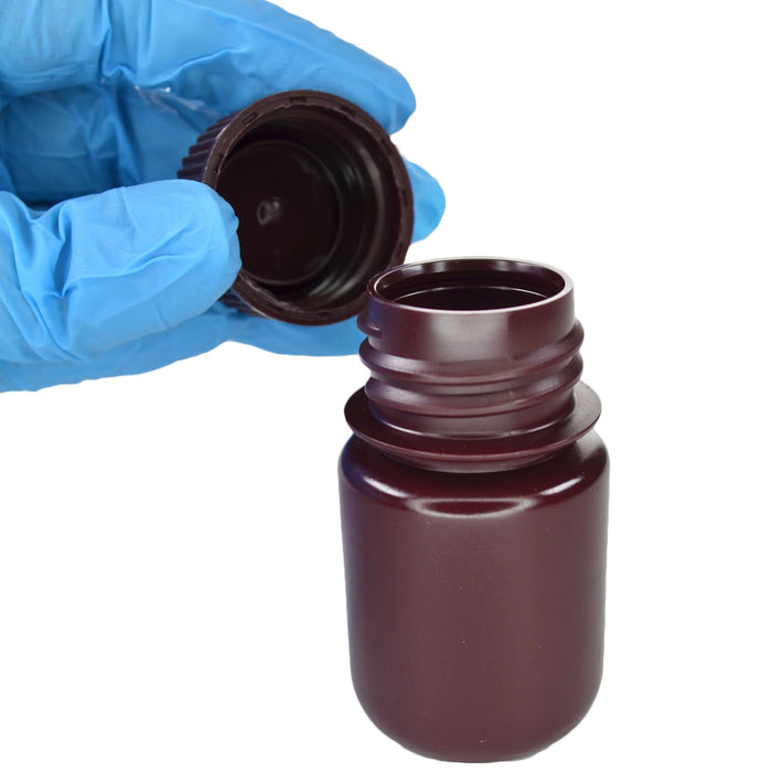 Eisco - Bulk Pack of 1000, 30mL Wide Mouth Amber HDPE Reagent Bottles with Polypropylene Caps, Non-Sterile, Leak-Proof, Chemical-Resistant, UV Light Shielding for Labs, -100°C to 120°C