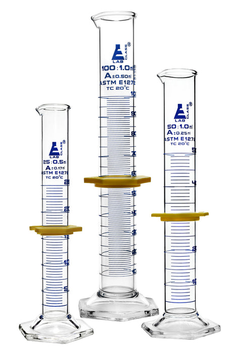 Premium Graduated Cylinder Set - 25mL, 50mL & 100mL - ASTM Class A - Protective Collars - Hexagonal Base - Blue Graduations - Borosilicate Glass