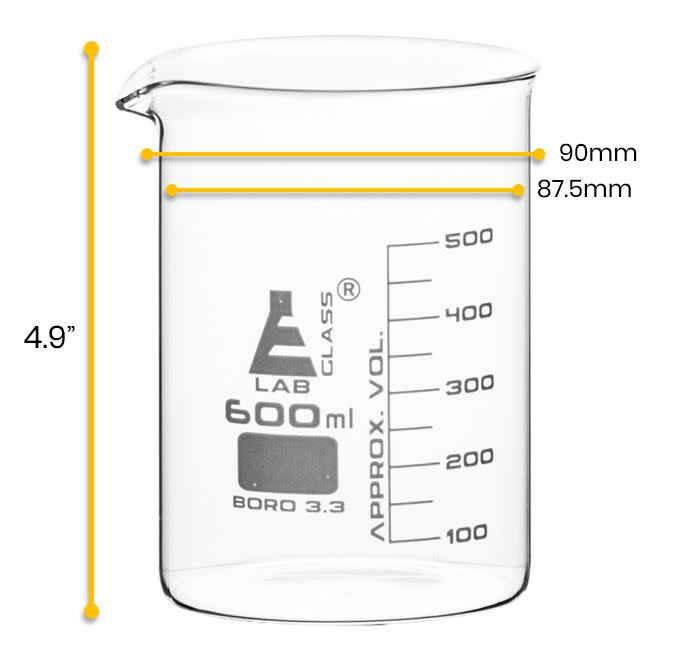 Beaker, 600ml - Low Form with Spout - White, 50ml Graduations - Borosilicate 3.3 Glass