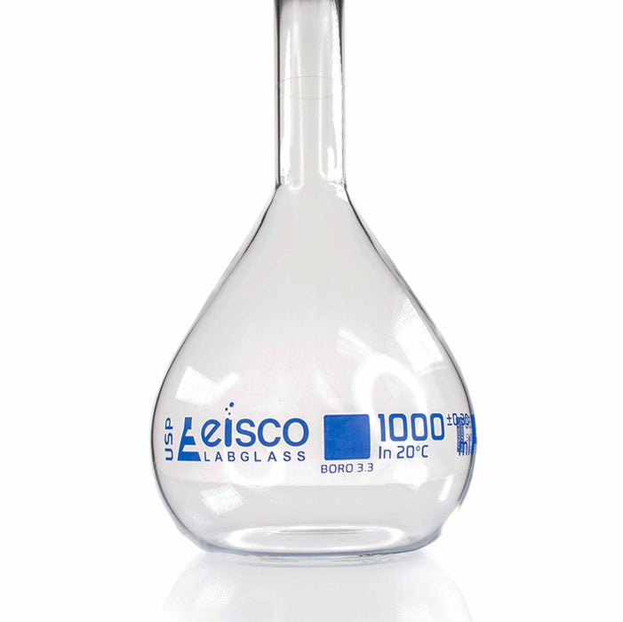 Eisco –1000mL Class A Volumetric Flask with Polypropylene Stopper, ASTM-E288 Compliant, Calibrated to Contain, Borosilicate 3.3 Glass, Single Graduation Mark