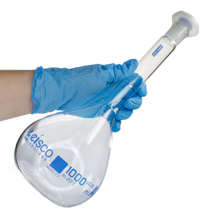 Eisco –1000mL Class A Volumetric Flask with Polypropylene Stopper, ASTM-E288 Compliant, Calibrated to Contain, Borosilicate 3.3 Glass, Single Graduation Mark