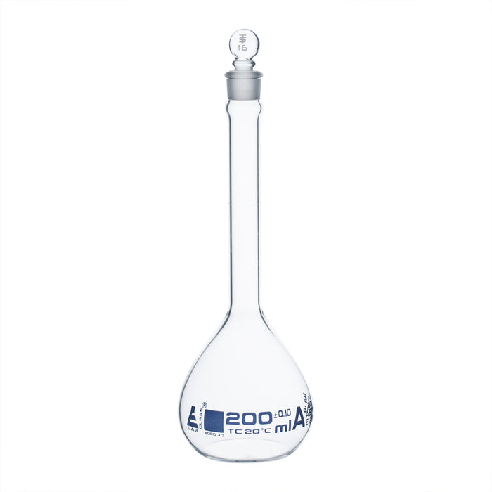 Volumetric Flask, 200ml - Class A, ASTM - Tolerance Â±0.100 ml - Glass Stopper - Single, White Graduation, Blue Printed Specifications - Borosilicate Glass - Eisco Labs