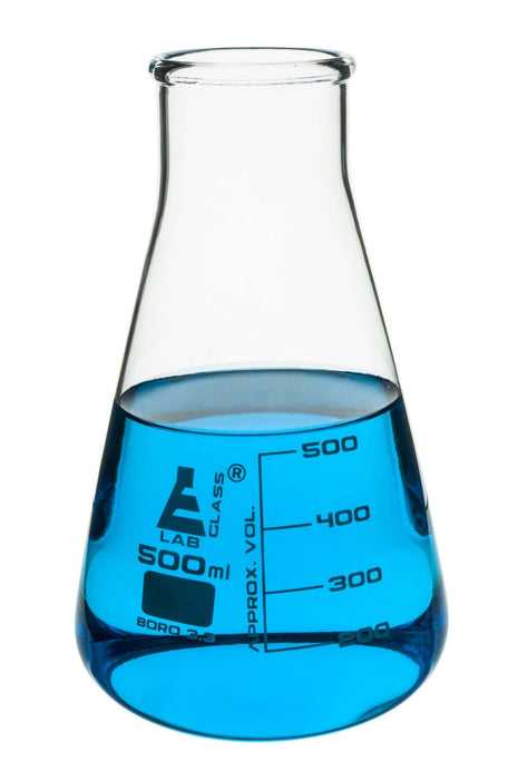 Erlenmeyer Flask, 500ml - Borosilicate Glass - Wide Neck, Conical Shape - White Graduations - Eisco Labs