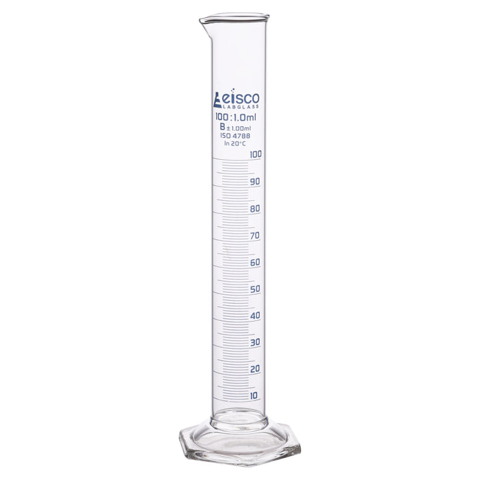 Graduated Cylinder, 100mL - Class B - Hexagonal Base - Blue Graduations - Borosilicate Glass