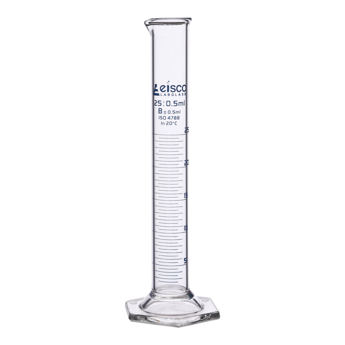 Graduated Cylinder, 25ml - Class B - Blue Graduations, Hexagonal Base