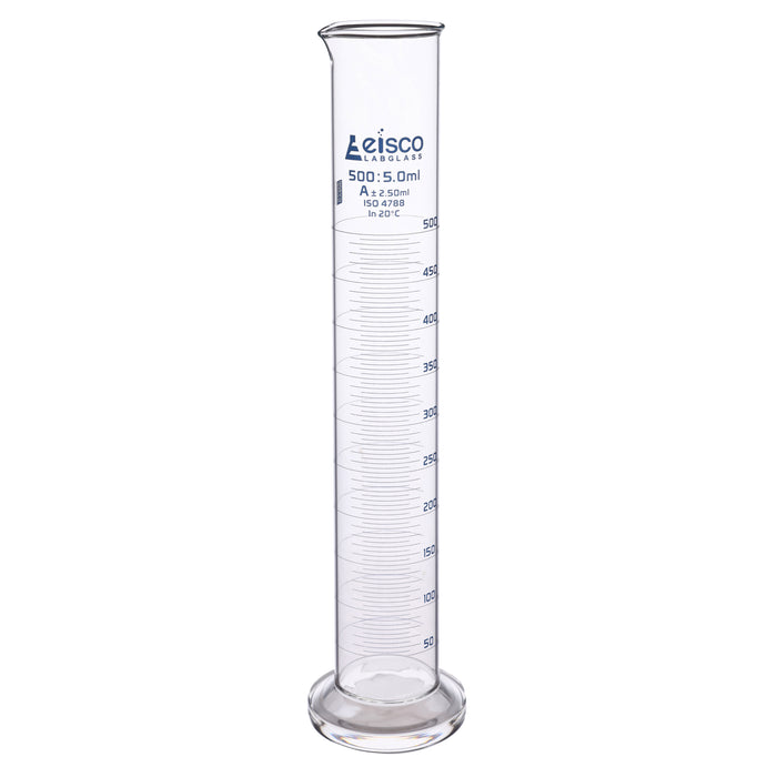 Graduated Cylinder, 500ml - Class A - Blue Graduations, Round Base
