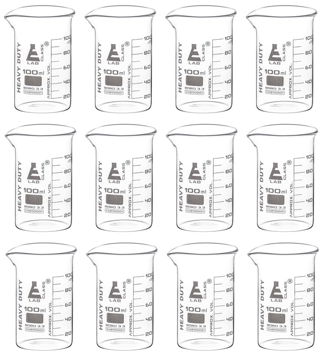 12PK Heavy Duty Beakers, 100ml - 2.5mm Thick, Uniform Walls - Superior Durability & Chemical Resistance - White Graduations - Borosilicate 3.3 Glass - Eisco Labs