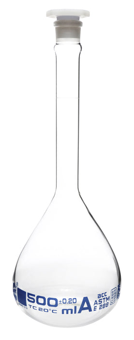 Volumetric Flask, 500ml - ASTM, Class A - Tolerance Â±0.20ml - Interchangeable, Size 19 Polypropylene Stopper - Single, White Graduation - Borosilicate Glass - Eisco Labs