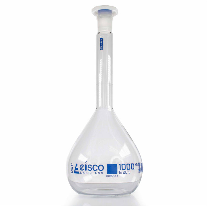 Eisco –1000mL Class A Volumetric Flask with Polypropylene Stopper, ASTM-E288 Compliant, Calibrated to Contain, Borosilicate 3.3 Glass, Single Graduation Mark