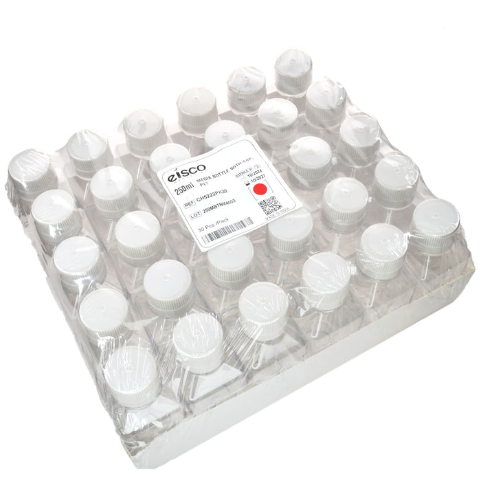 Eisco - Pack of 30, 250mL Sterile PET Media Bottles with HDPE Caps, Leakproof, Tamper-Evident, Lab-Grade, Ideal for Lab Reagents, Buffers & Biopharmaceutical Processing
