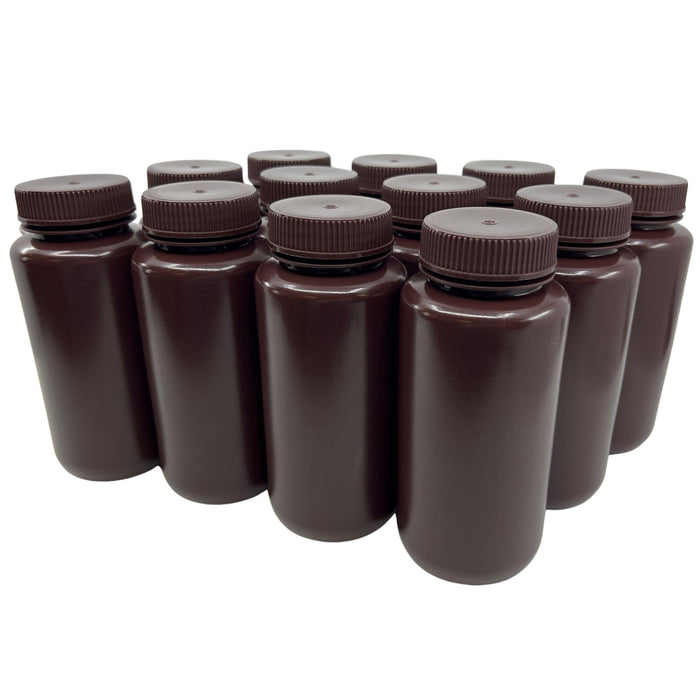 Eisco - Pack of 12, 500mL Wide Mouth Amber HDPE Reagent Bottles with Polypropylene Caps, Non-Sterile, Leak-Proof, Chemical-Resistant, UV Light Shielding for Lab Use, -100°C to 120°C, Ideal for Light-Sensitive Storage