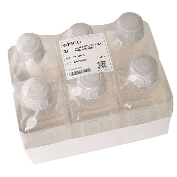 Eisco - Pack of 6, 2L PETG Media Bottles with HDPE Caps, Non-Sterile, Square, Leakproof, Tamper-Evident, Laboratory-Grade, Ideal for Lab Reagents, Buffers & Biopharmaceutical Processing