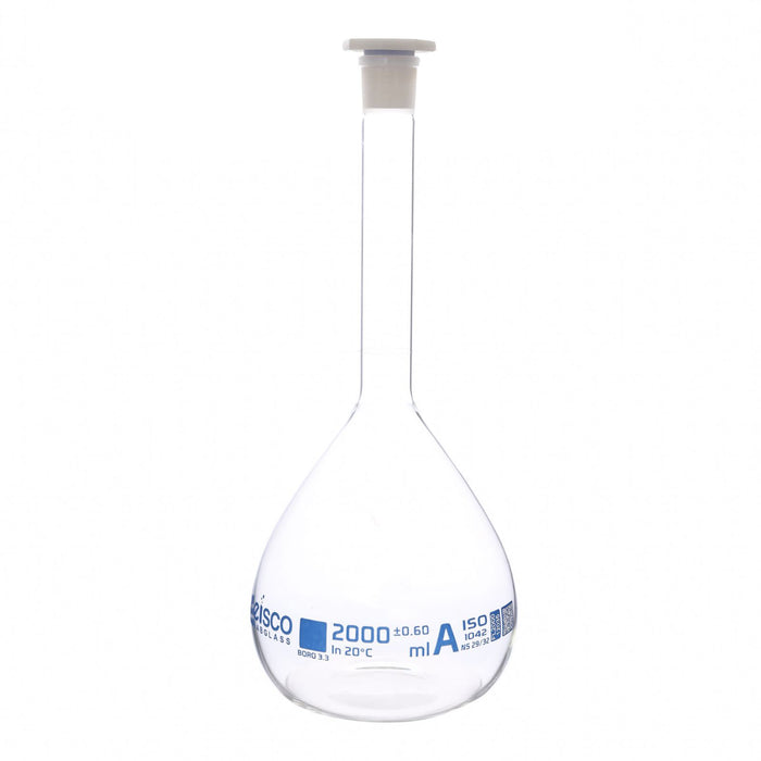 Eisco Volumetric Flask, 2000mL - Class A - Borosilicate Glass, Polyethylene Stopper, 29/32 Socket - QR Code Marking for Calibration Certificate
