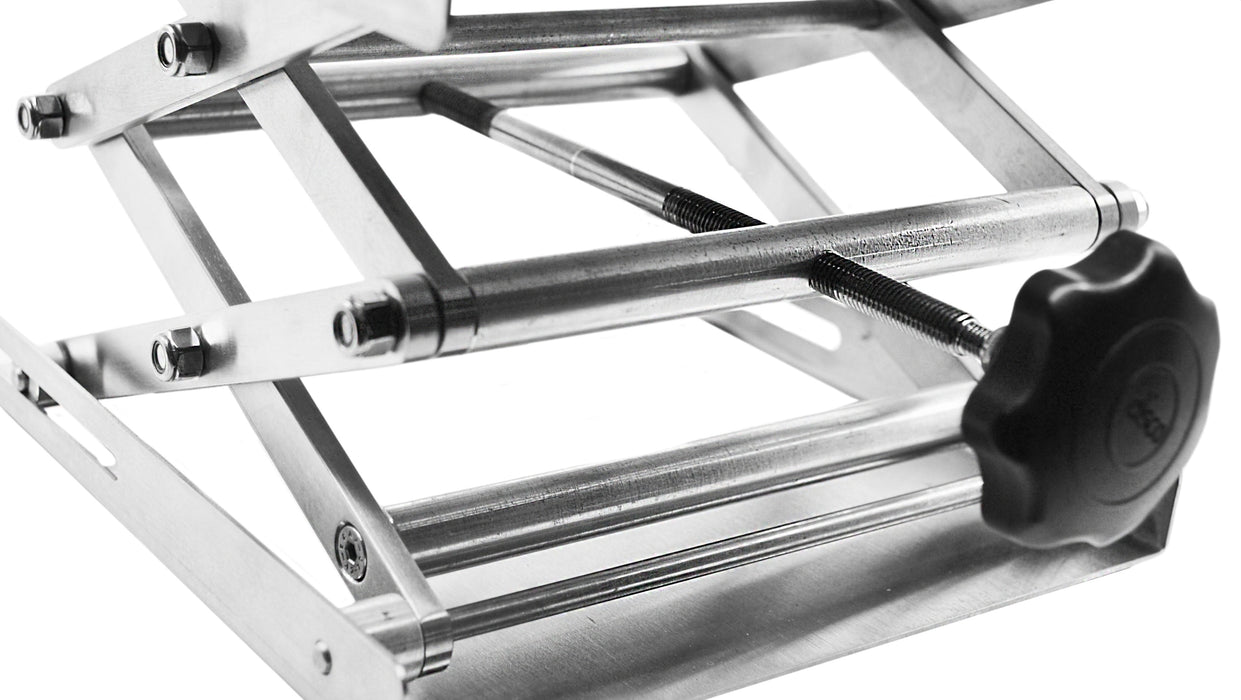 Laboratory and Fabrication Scissor Jack, Extendable with Hand Crank and Rubber Feet - Full Extension: 11 Inches - Rust-Resistant Stainless Steel - Premium Quality - Eisco Labs
