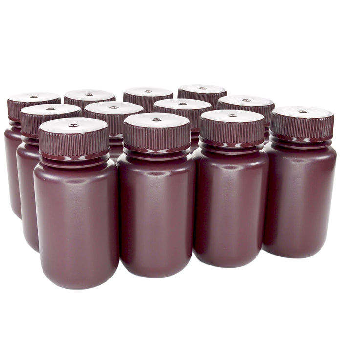 Eisco - Pack of 12, Sterile 125mL Wide Mouth Amber HDPE Reagent Bottles with Polypropylene Caps, Leak-Proof, UV Light Protection for Laboratory Samples, -100 to 120°C, Durable Chemical-Resistant Lab Containers