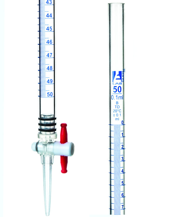 Burette, Acrylic, 50mL - Class B - 0.5mL Blue Graduations - With PTFE Key Stopcock