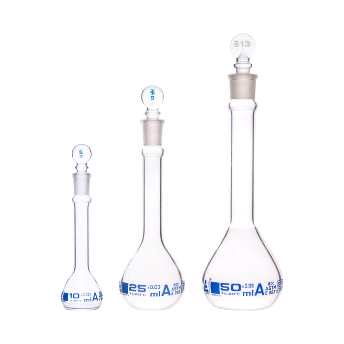 Safety Pack Volumetric Flask Set - 10ml, 25ml & 50ml - Class A, ASTM -Borosilicate 3.3 Glass