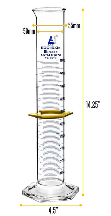Graduated Cylinder, 500mL - ASTM Class B - Protective Collar, Hexagonal Base - Blue Graduations - Borosilicate Glass