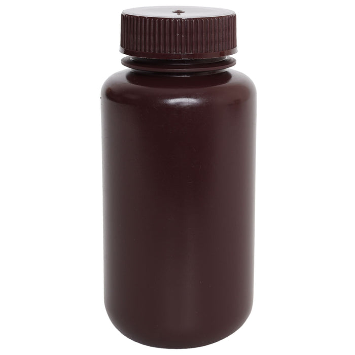 Eisco - Bulk Pack of 250, 250mL Wide Mouth Amber HDPE Reagent Bottles with Polypropylene Caps, Non-Sterile, Leak-Proof, Chemical-Resistant, UV Light Shielding for Labs, -100°C to 120°C