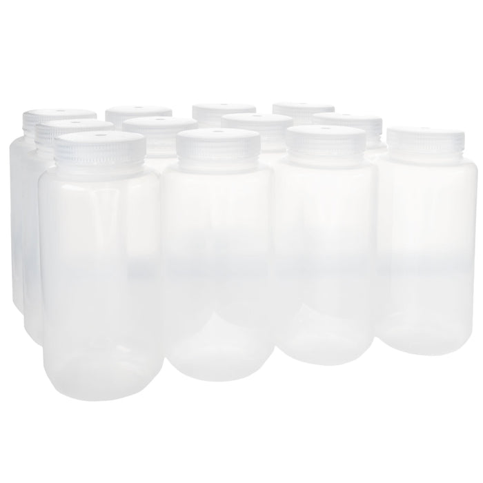 Eisco - 1L Wide Mouth Polypropylene Translucent Reagent Bottles with Polypropylene Caps, Pack of 12, Non-Sterile, Autoclavable, Leakproof Laboratory Storage Bottles, 0-135°C Temperature Range