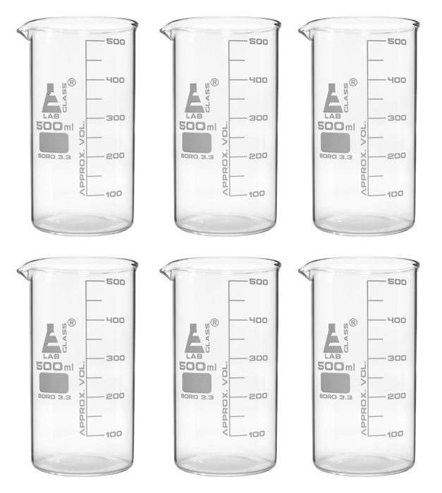6PK Beakers, 500ml - Tall Form - White Graduations - Borosilicate Glass