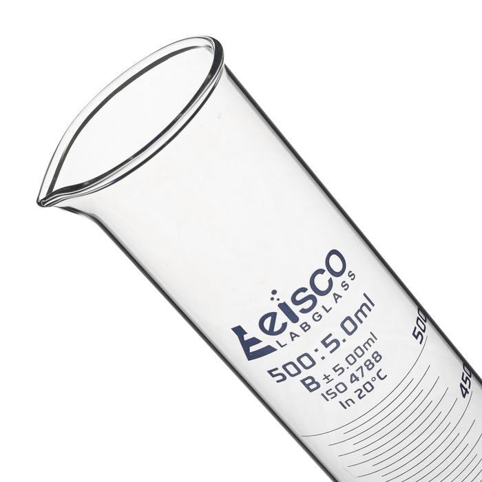 Graduated Cylinder, 500mL - Class B - Hexagonal Base - Blue Graduations - Borosilicate Glass