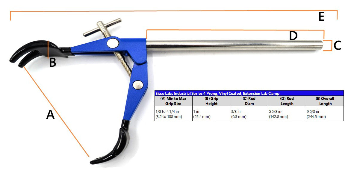 4 Prong, Vinyl Coated Clamp, Stainless Steel Rod - 4.1" Max Opening