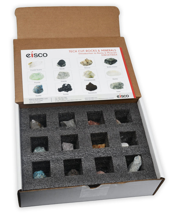 Tech Cut Rock & Mineral Kit, Set of 12 Specimens - Includes Storage Box and Identification Card
