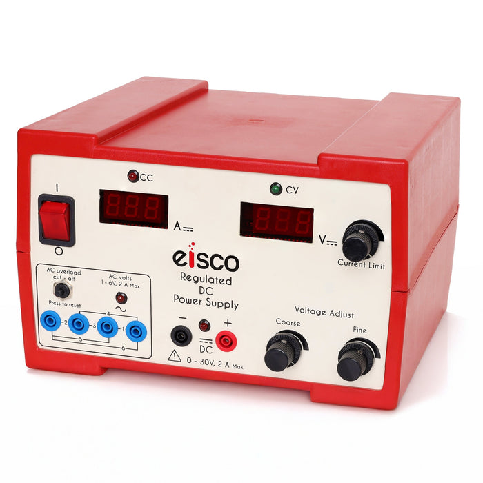 Eisco - Regulated DC Power Supply 0–30V 2A with Dual Digital Display Overload Protection and AC 1–6V Output for Lab and General Use