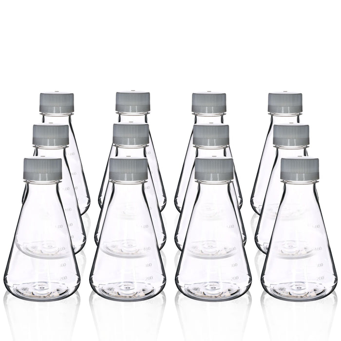 Eisco - Pack of 12, 500mL Sterile PETG Erlenmeyer Flasks, Non-Vented, Flat Bottom, Lab-Grade, Gamma Sterilized, USP Class VI, Ideal for Cell Culture, Biopharmaceutical Processing, Chemical Storage