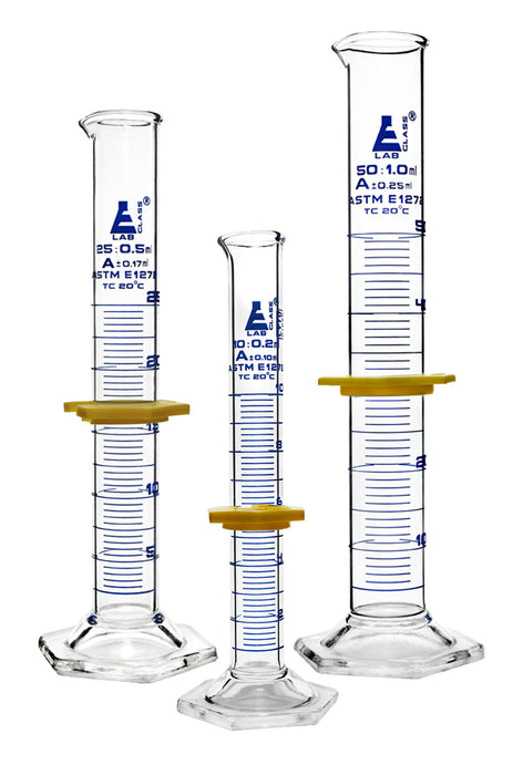 Premium Graduated Cylinder Set - 10mL, 25mL & 50mL - ASTM Class A - Protective Collars - Hexagonal Base - Blue Graduations - Borosilicate Glass