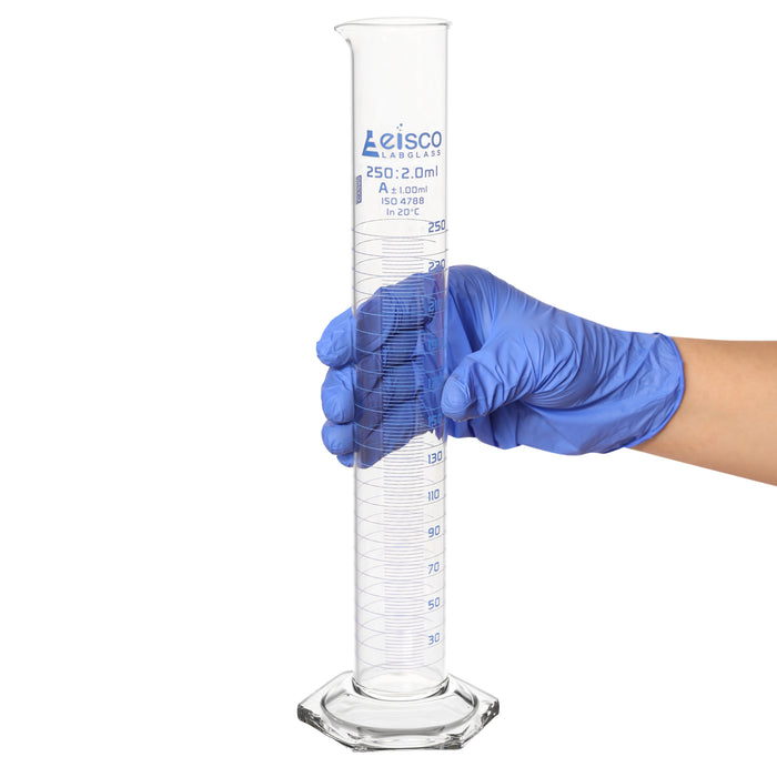 Graduated Cylinder, 250ml - Class B - Blue Graduations, Hexagonal Base